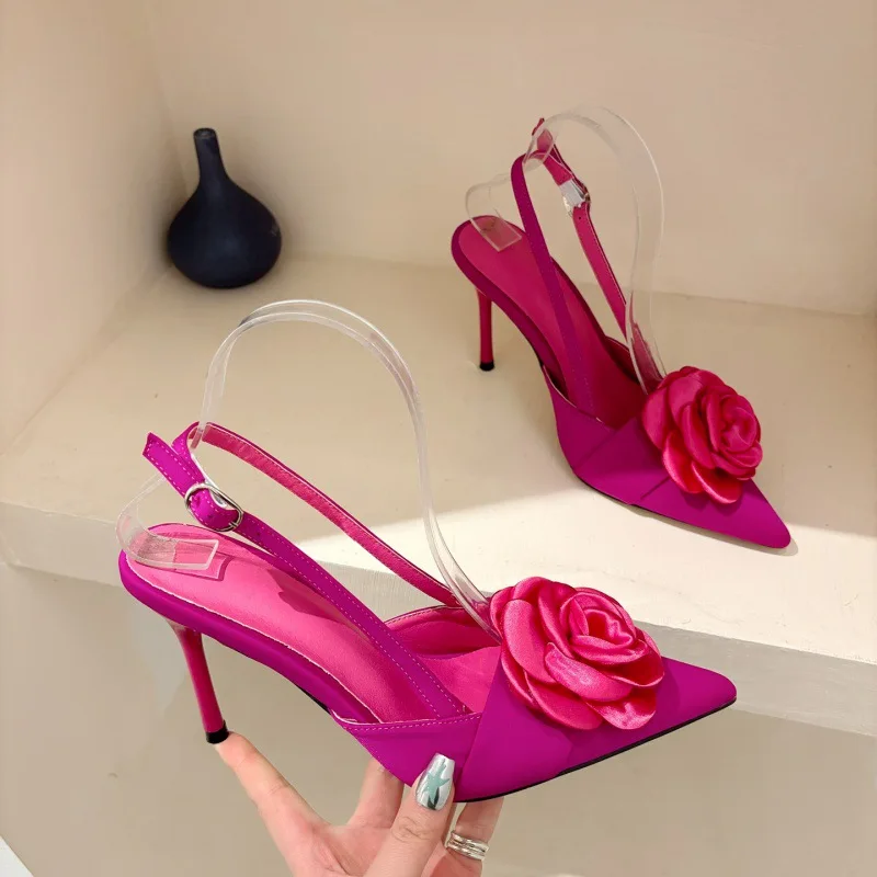 Silk Floral Slingback Pumps - Pointed Toe High Heels