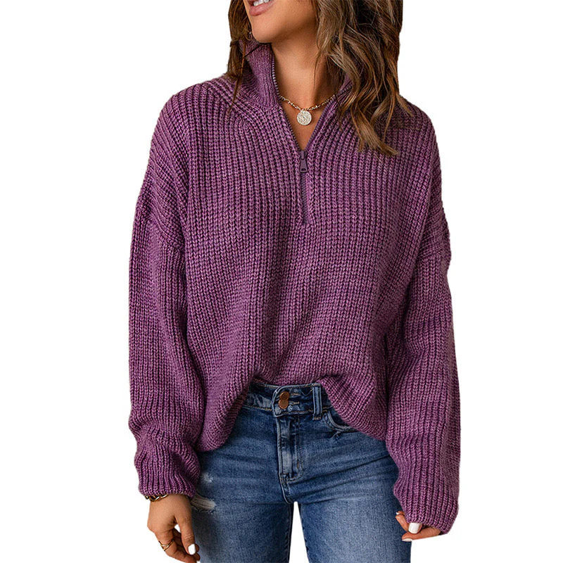 Long Sleeve Knit Sweaters 1/4 Zip Pullover Tops